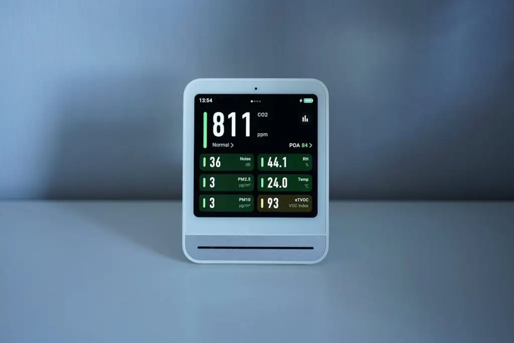 indoor air quality monitor displaying CO2 and humidity readings on desk
