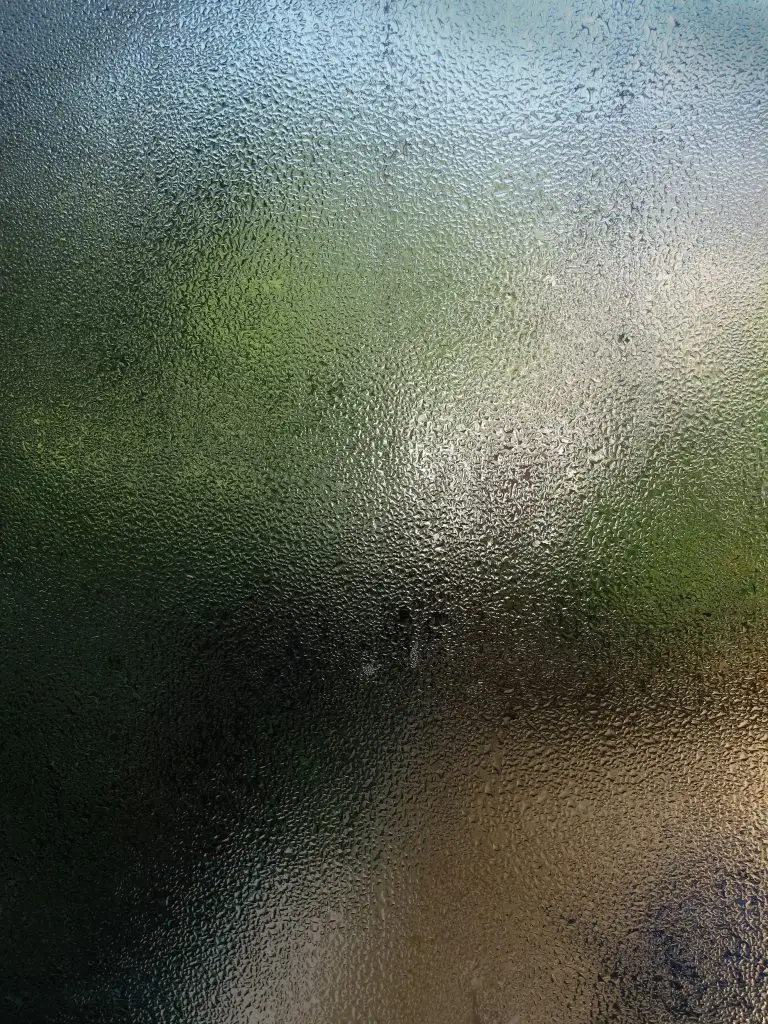 Condensation covering a glass surface with blurred greenery visible behind it.